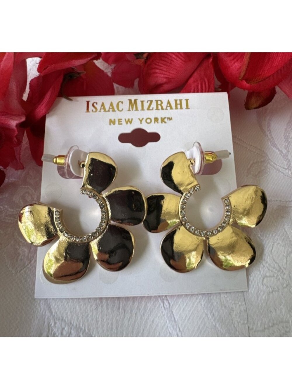 Isaac Mizrahi Shiny Gold Rhinestone Flower Shape Hoop Earrings 1.5" MSRP $38 NEW